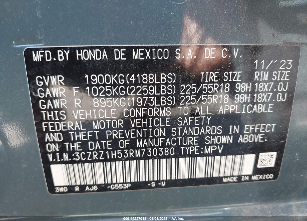 2024 HONDA HR-V 2WD SPORT/2WD SPORT W/O BSI VIN: 3CZRZ1H53RM730380
