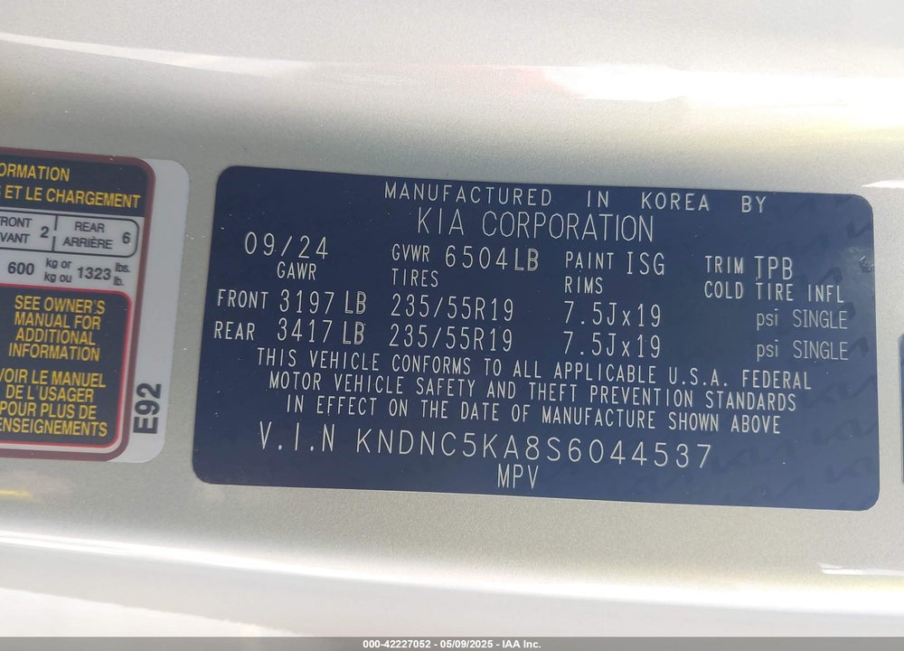 2025 KIA CARNIVAL VIN: KNDNC5KA8S6044537