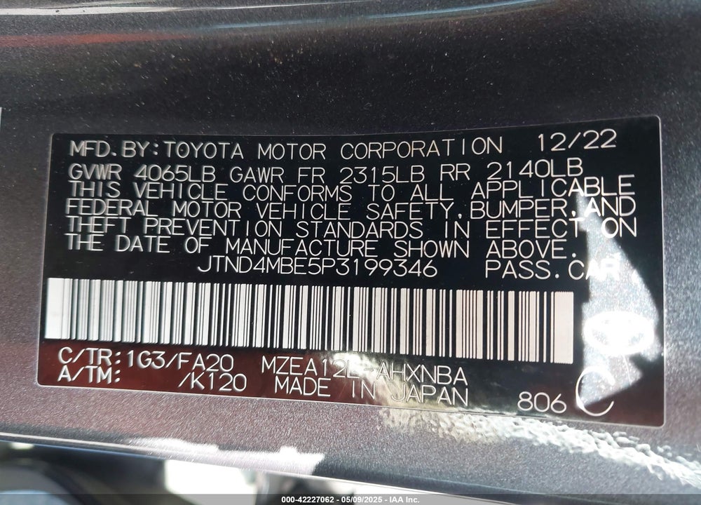 2023 TOYOTA COROLLA SE VIN: JTND4MBE5P3199346