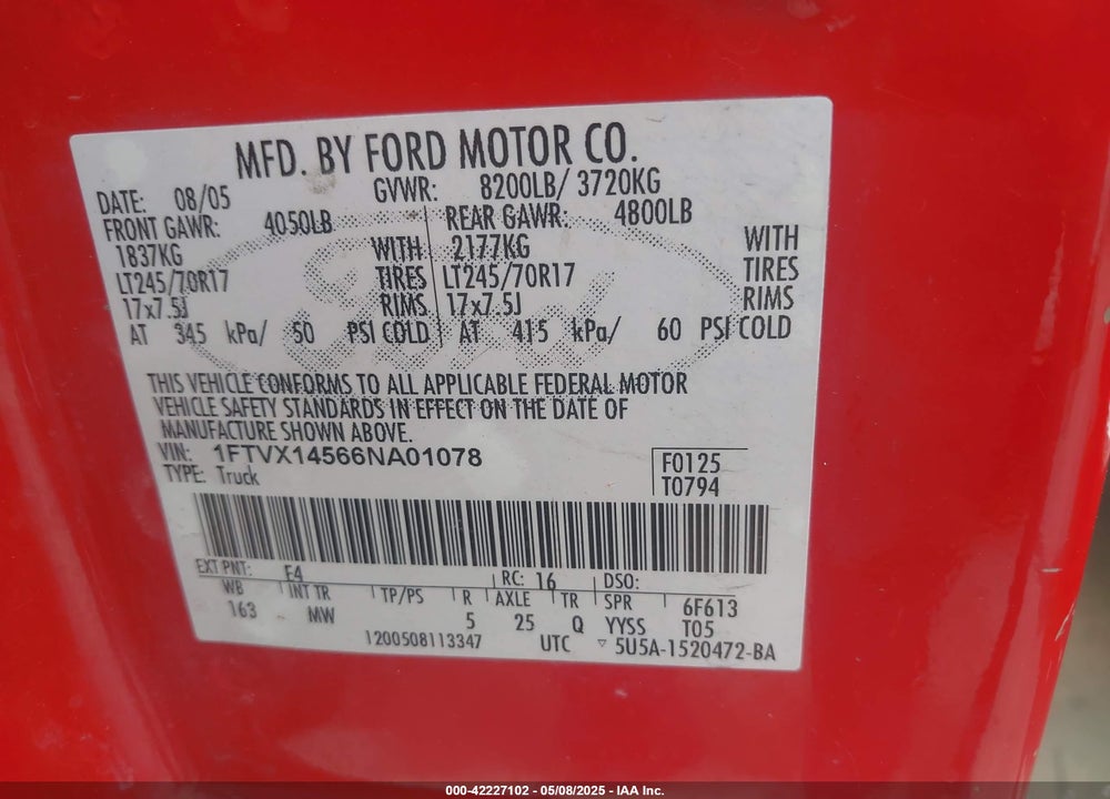 2006 FORD F-150 FX4/LARIAT/XL/XLT VIN: 1FTVX14566NA01078