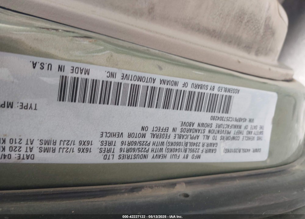 2005 SUBARU OUTBACK 2.5I VIN: 4S4BP61C257304280