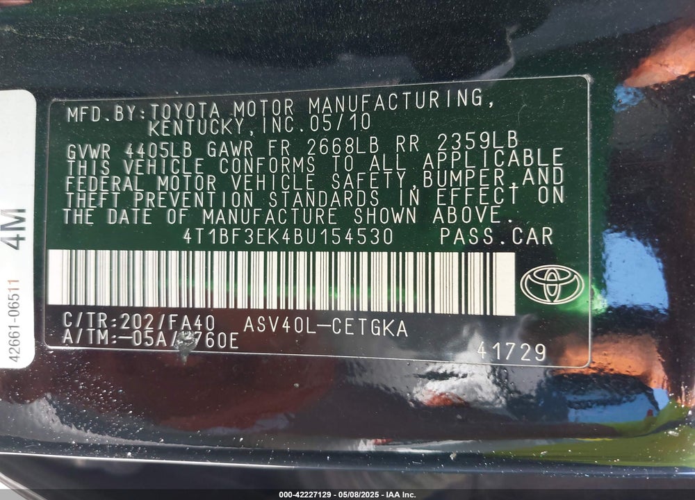 2011 TOYOTA CAMRY VIN: 4T1BF3EK4BU154530