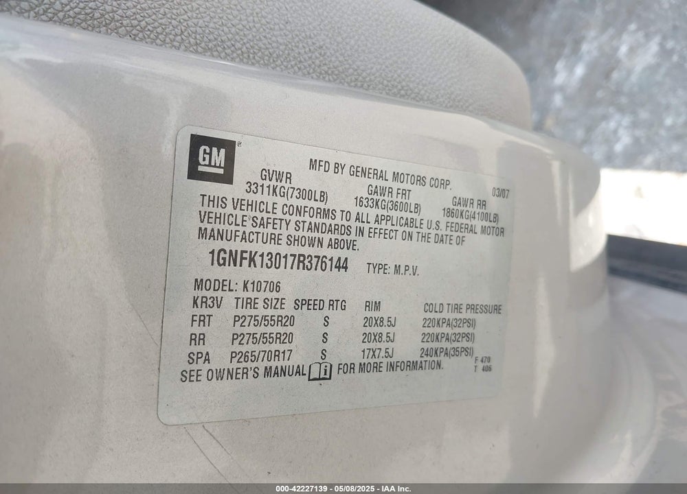 2007 CHEVROLET TAHOE LT VIN: 1GNFK13017R376144