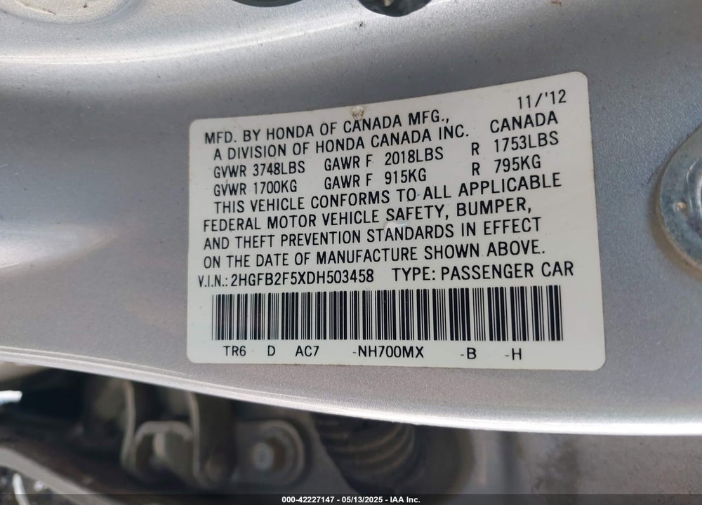 2013 HONDA CIVIC LX VIN: 2HGFB2F5XDH503458