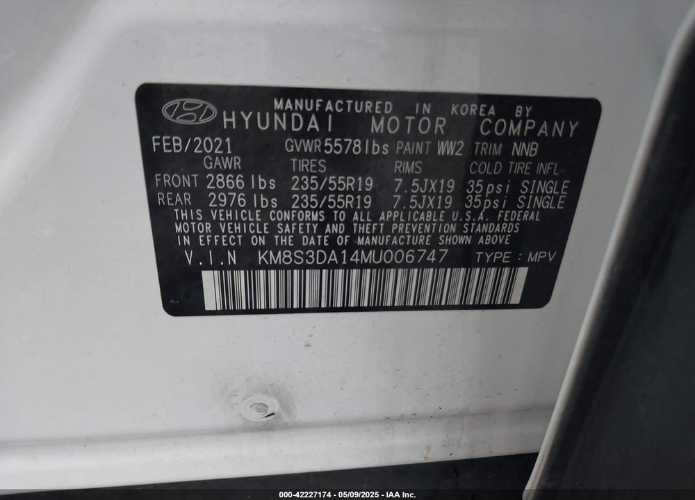 2021 HYUNDAI SANTA FE VIN: KM8S3DA14MU006747