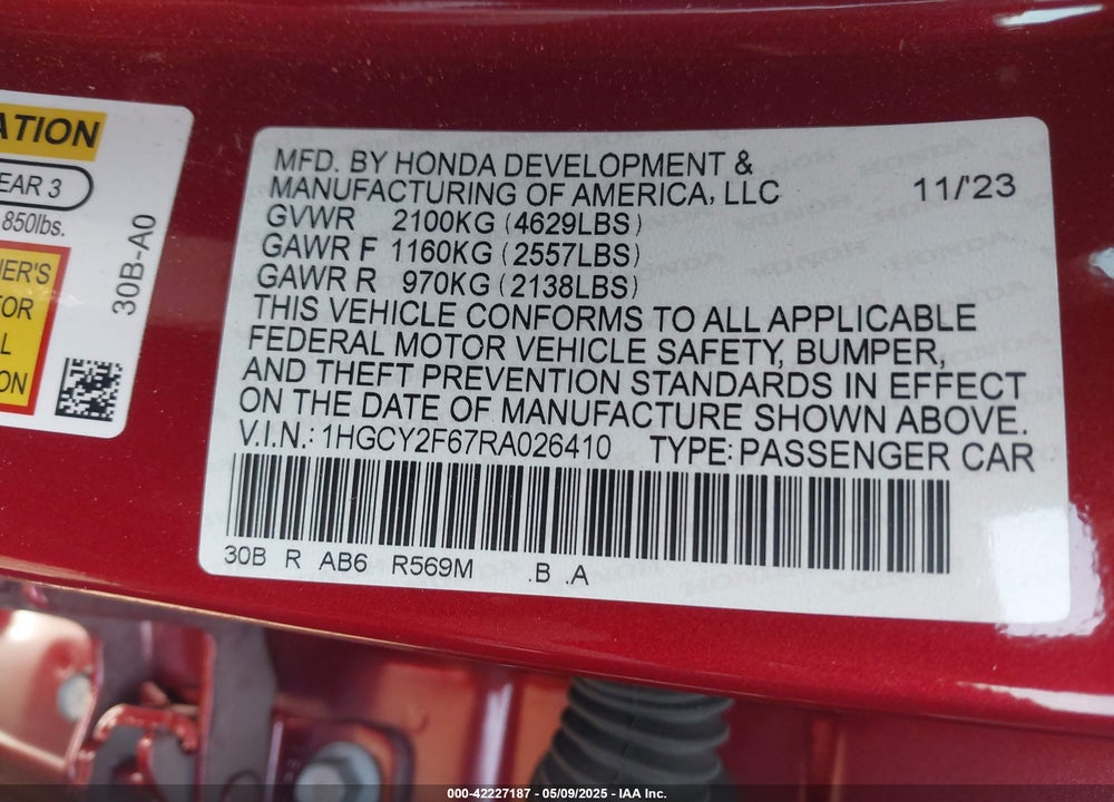 2024 HONDA ACCORD VIN: 1HGCY2F67RA026410