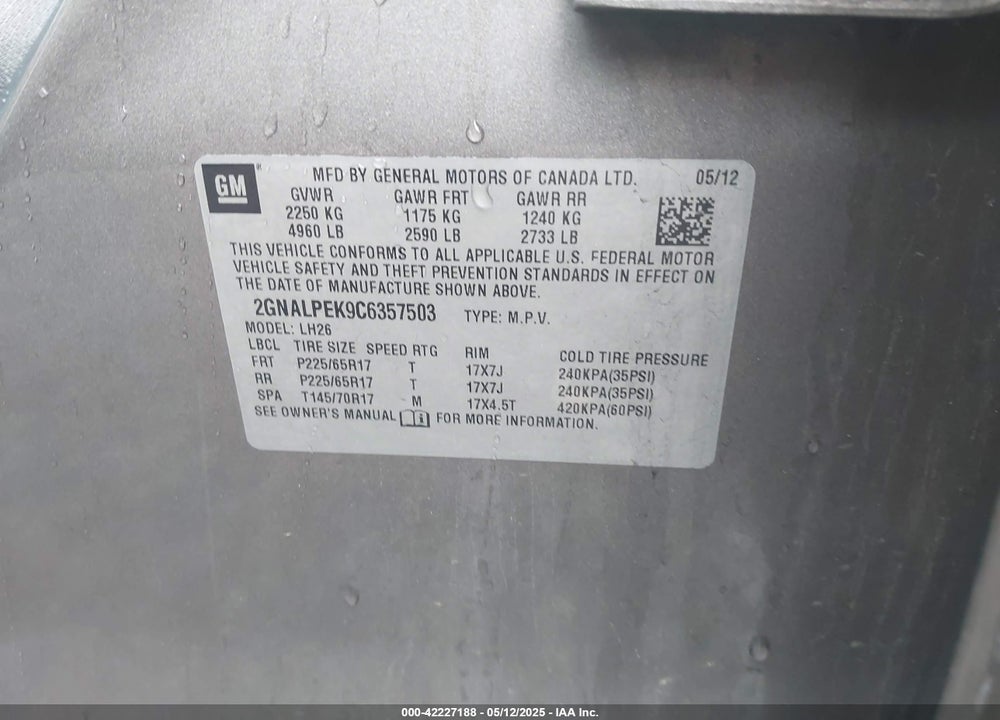2012 CHEVROLET EQUINOX VIN: 2GNALPEK9C6357503