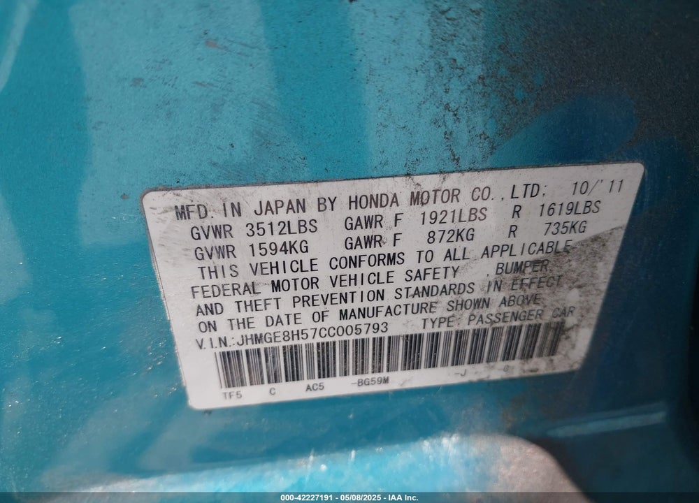 2012 HONDA FIT VIN: JHMGE8H57CC005793