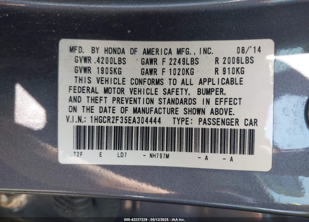 2014 HONDA ACCORD LX VIN: 1HGCR2F35EA304444
