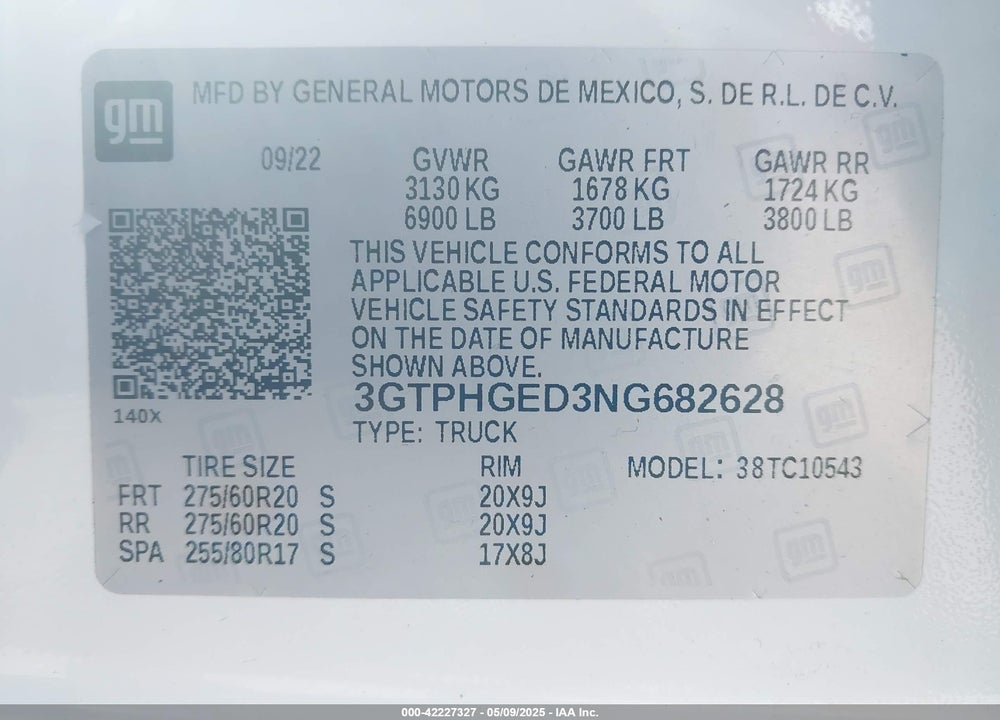 2022 GMC SIERRA 1500 VIN: 3GTPHGED3NG682628