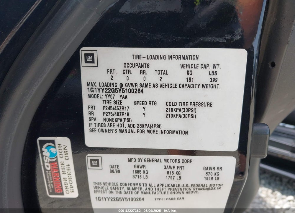 2000 CHEVROLET CORVETTE VIN: 1G1YY22G5Y5100264