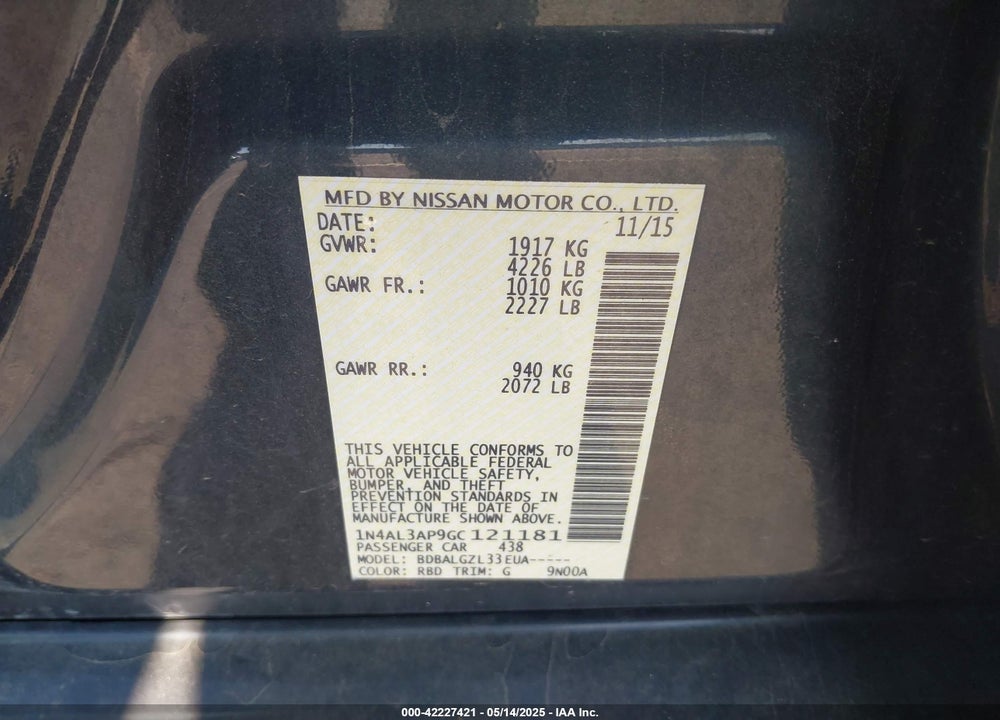 2016 NISSAN ALTIMA VIN: 1N4AL3AP9GC121181