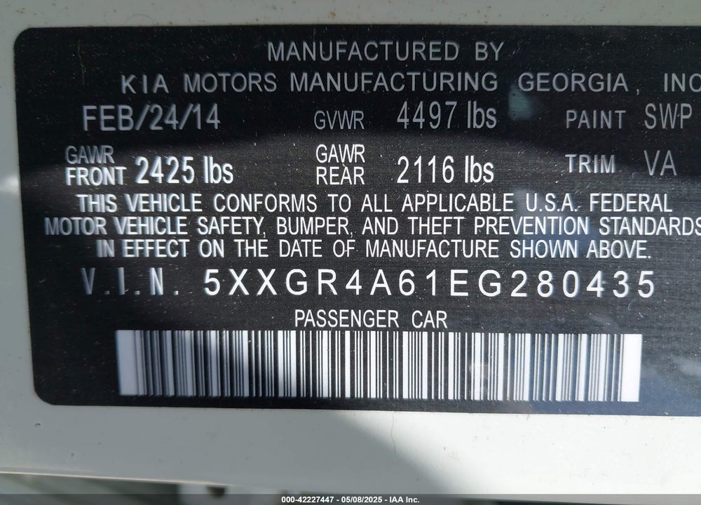 2014 KIA OPTIMA VIN: 5XXGR4A61EG280435