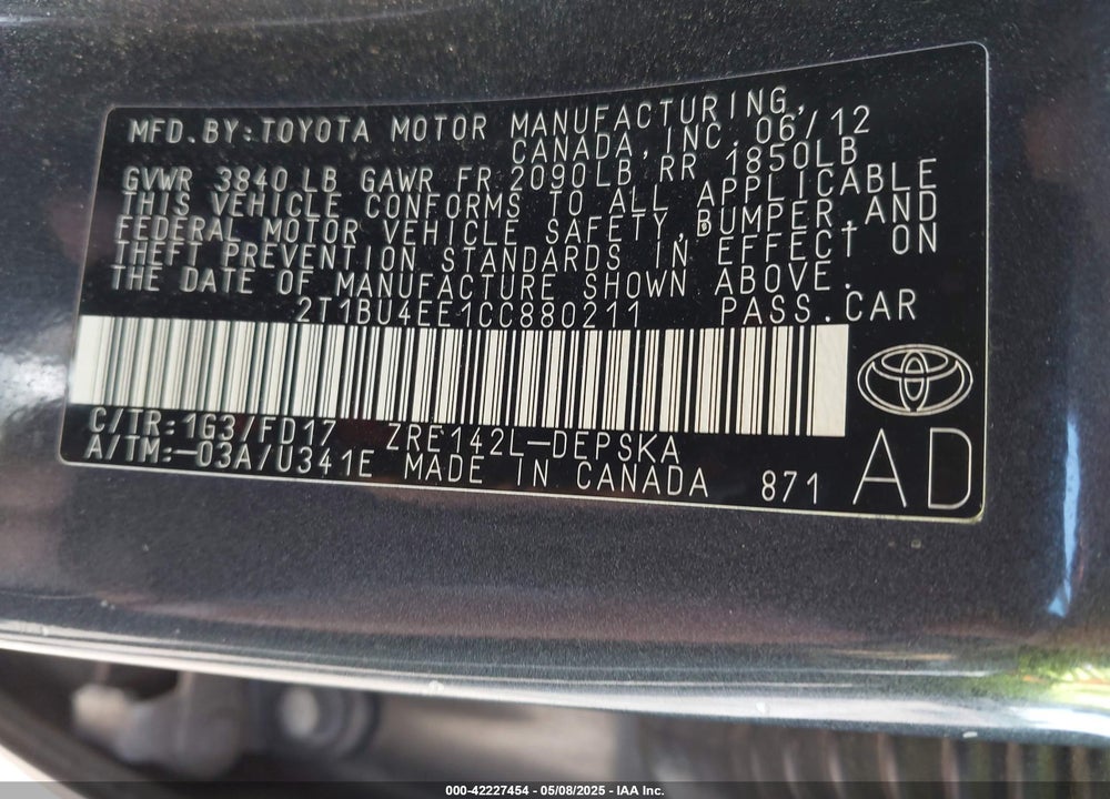 2012 TOYOTA COROLLA VIN: 2T1BU4EE1CC880211
