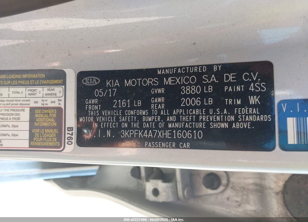 2017 KIA FORTE VIN: 3KPFK4A7XHE160610