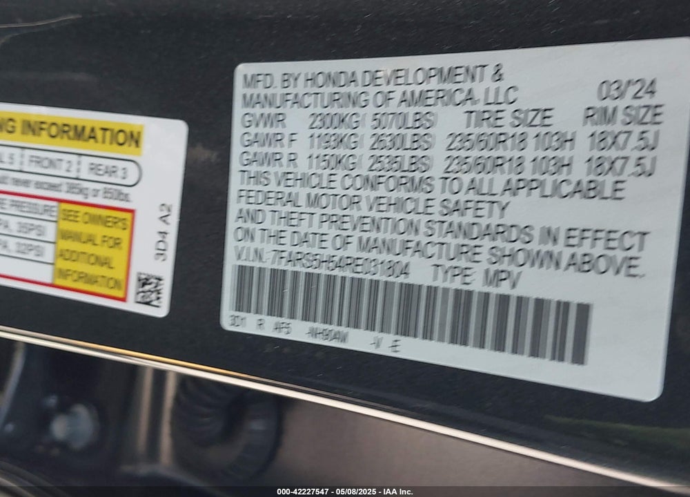 2024 HONDA CR-V HYBRID SPORT VIN: 7FARS5H54RE031804