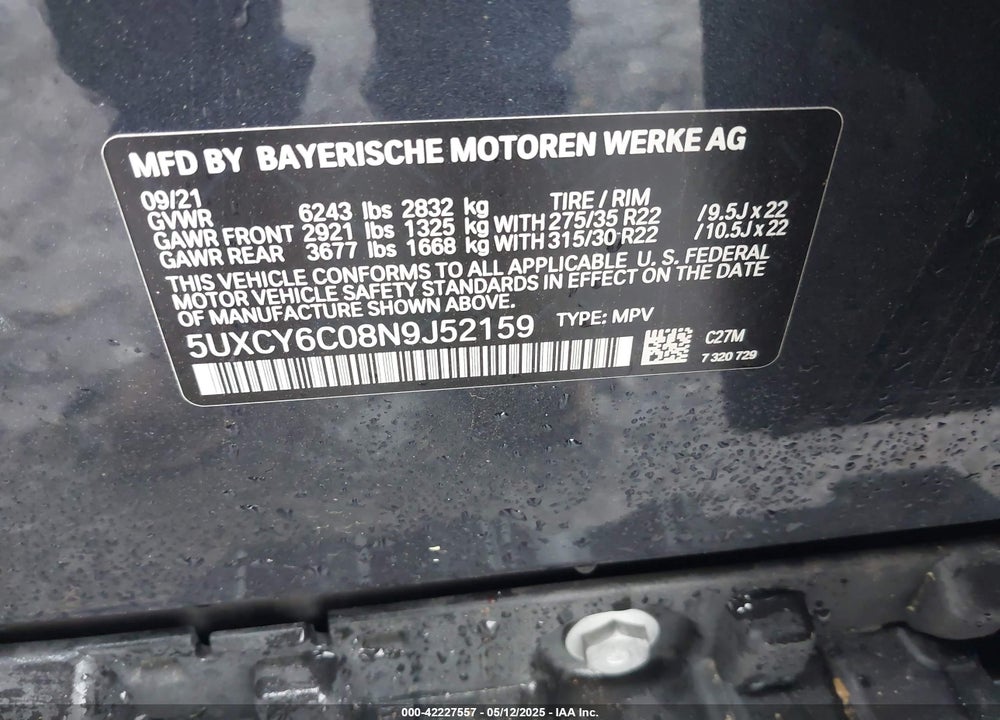 2022 BMW X6 XDRIVE40I VIN: 5UXCY6C08N9J52159