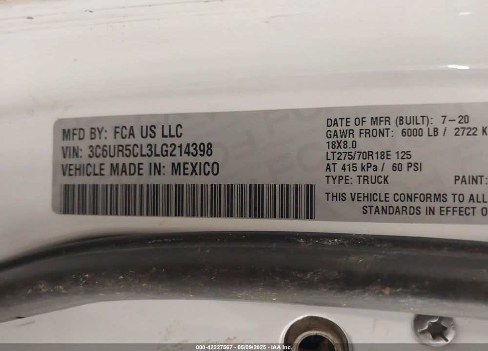 2020 RAM 2500 TRADESMAN 4X4 6'4 BOX VIN: 3C6UR5CL3LG214398