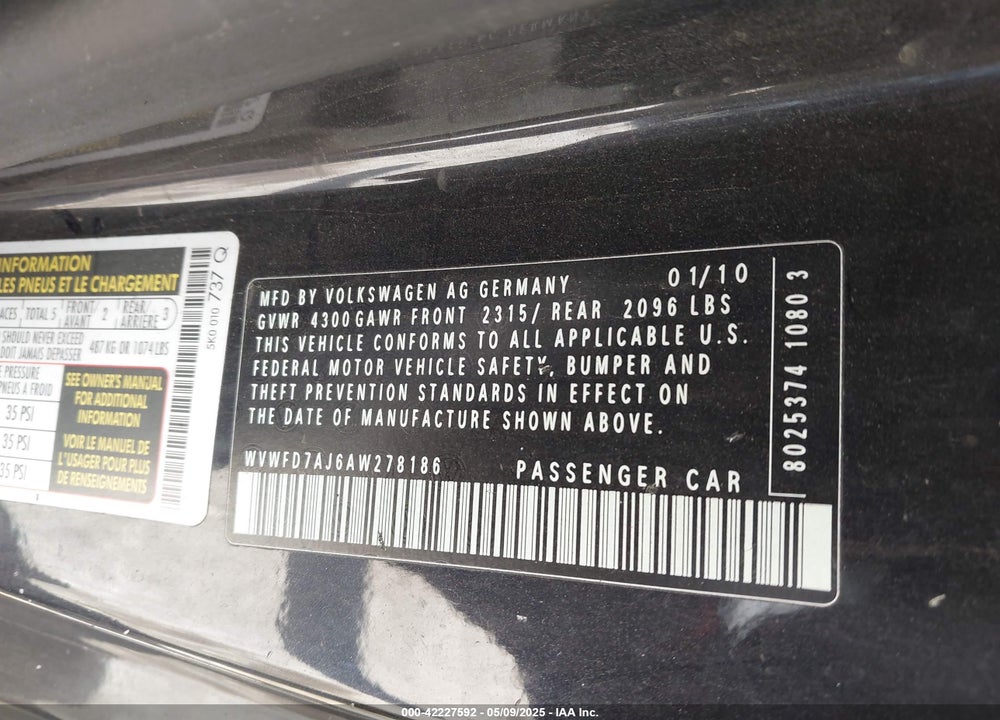 2010 VOLKSWAGEN GTI VIN: WVWFD7AJ6AW278186