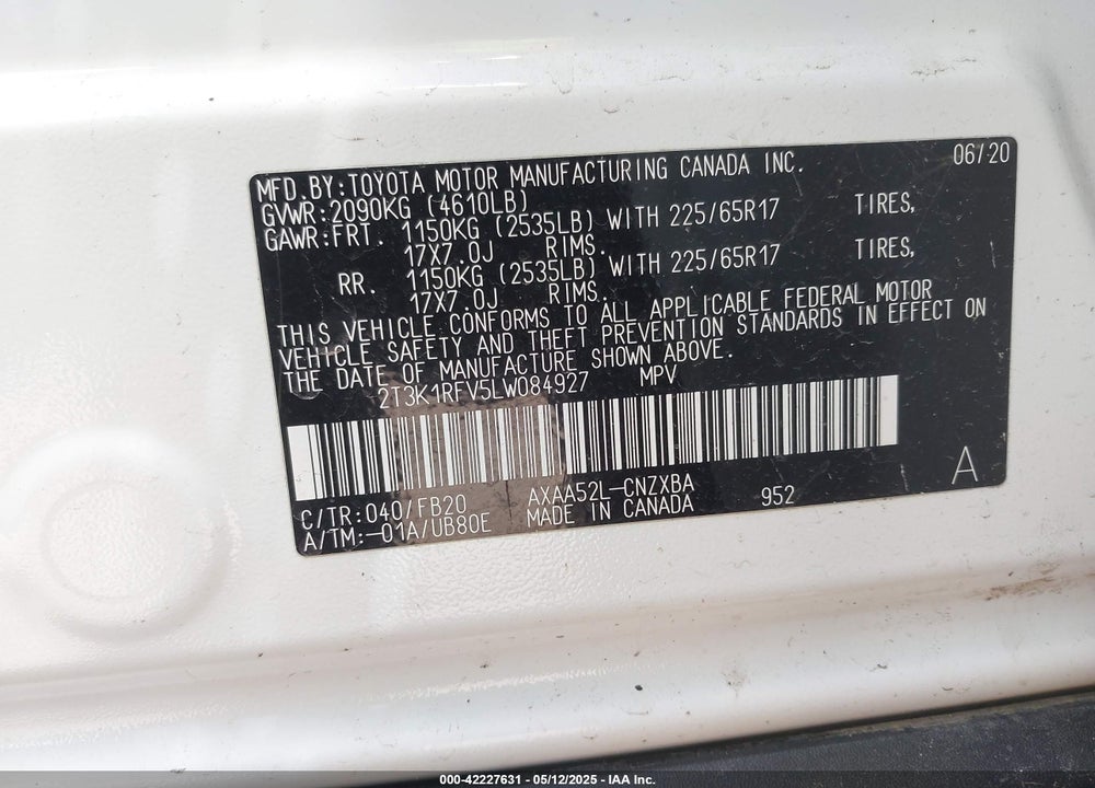 2020 TOYOTA RAV4 LE VIN: 2T3K1RFV5LW084927