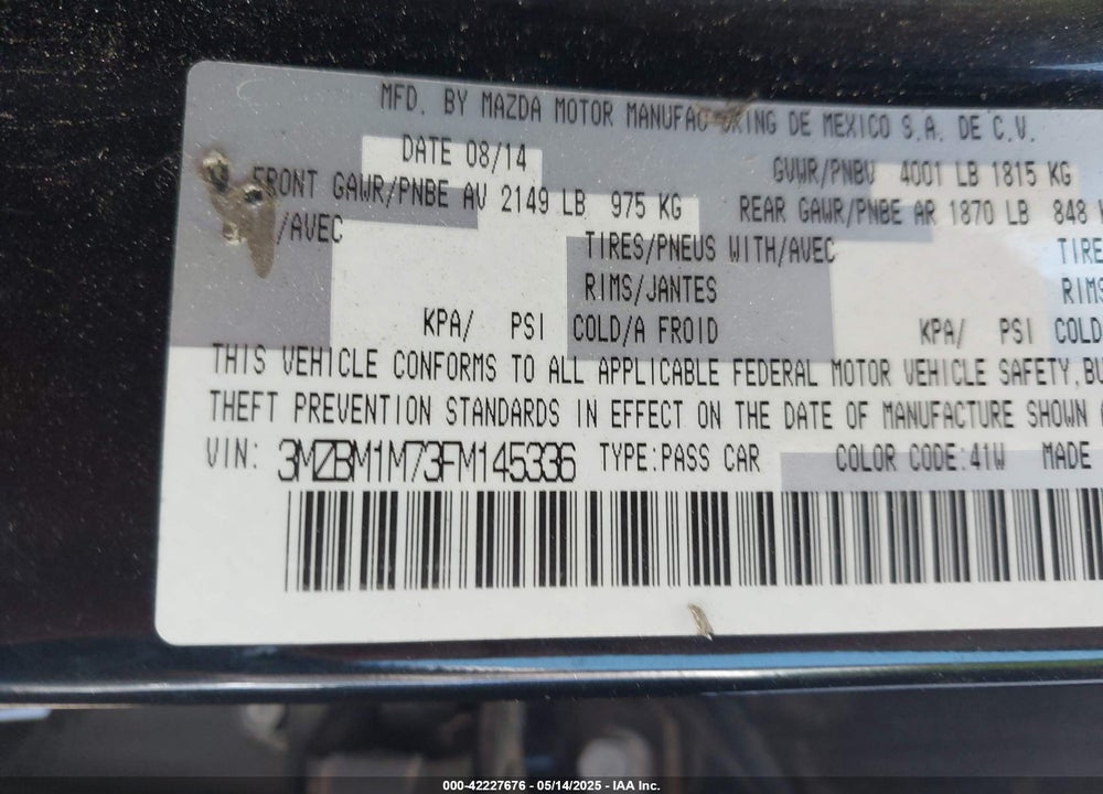 2015 MAZDA MAZDA3 VIN: 3MZBM1M73FM145336