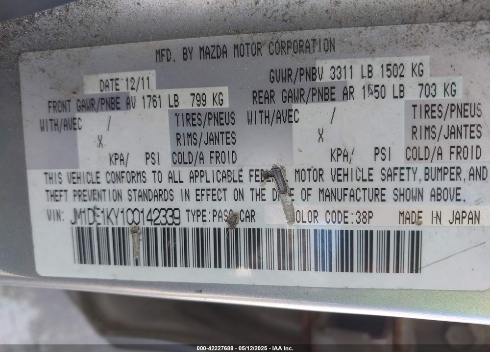 2012 MAZDA MAZDA2 VIN: JM1DE1KY1C0142339