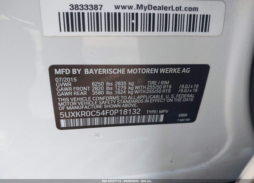2015 BMW X5 XDRIVE35I VIN: 5UXKR0C54F0P18132
