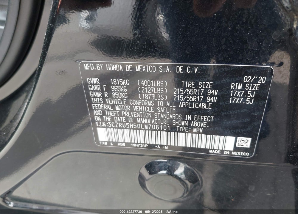 2020 HONDA HR-V 2WD EX VIN: 3CZRU5H50LM706101