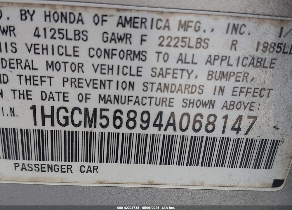 2004 HONDA ACCORD 2.4 EX VIN: 1HGCM56894A068147