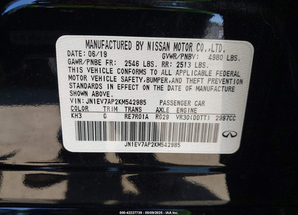 2019 INFINITI Q50 VIN: JN1EV7AP2KM542985