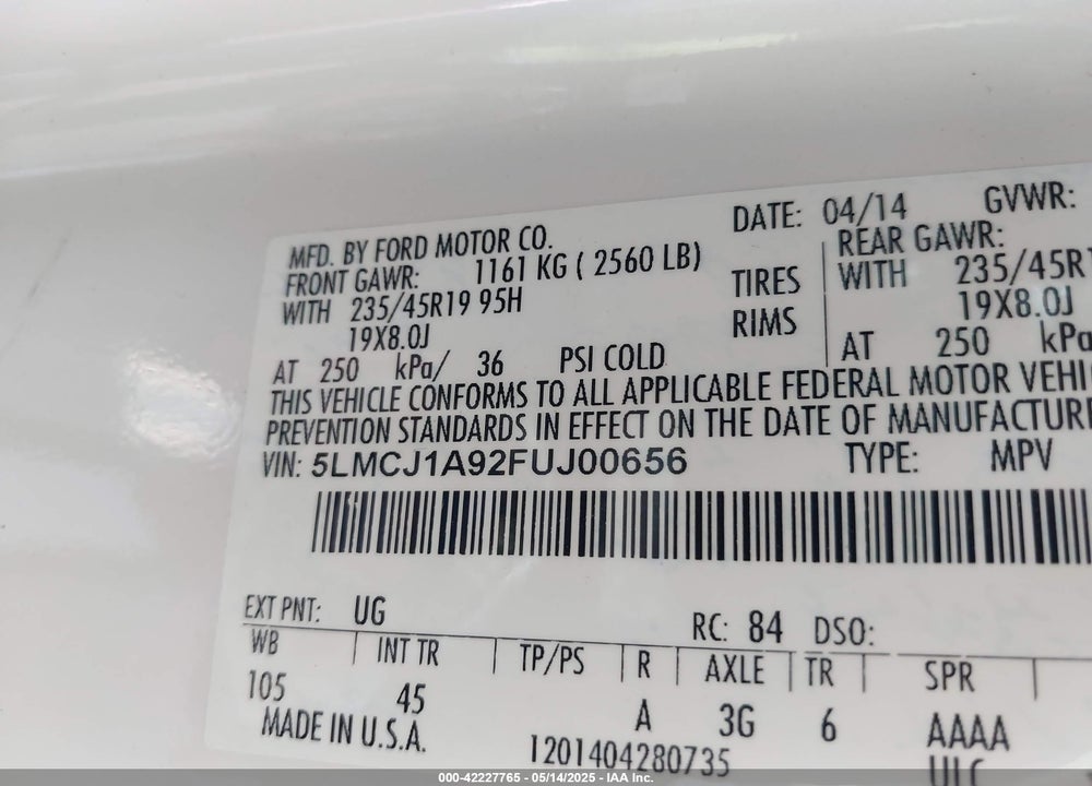 2015 LINCOLN MKC VIN: 5LMCJ1A92FUJ00656