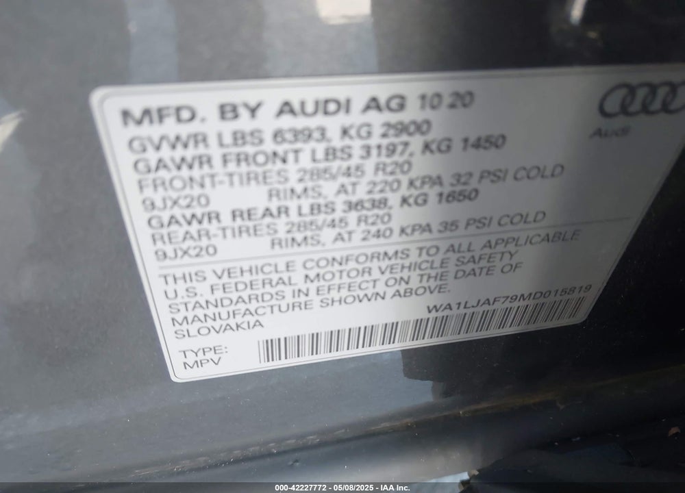 2021 AUDI Q7 PREMIUM PLUS 45 TFSI QUATTRO TIPTRONIC VIN: WA1LJAF79MD015819