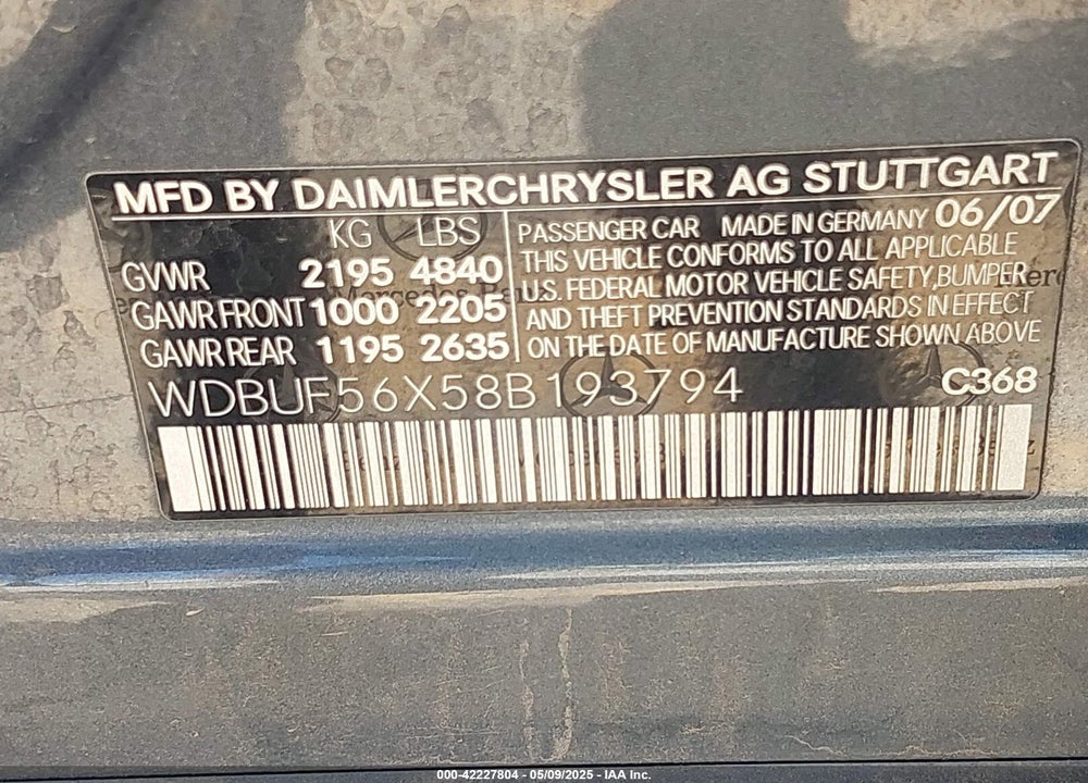2008 MERCEDES-BENZ E-CLASS VIN: WDBUF56X58B193794