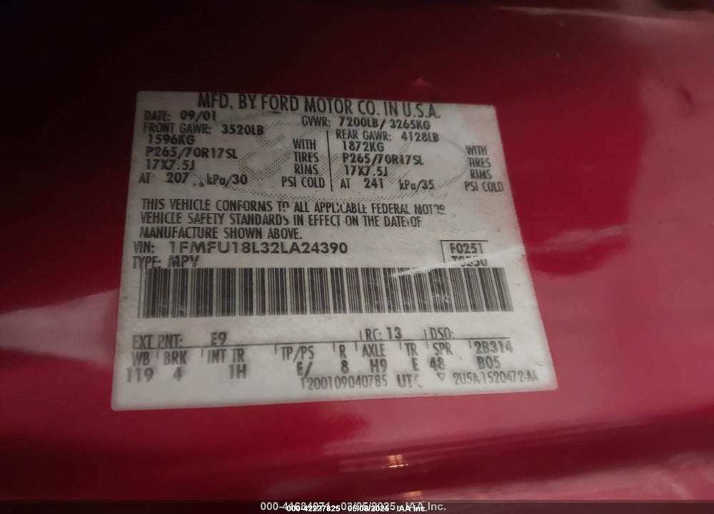 2002 FORD EXPEDITION EDDIE BAUER VIN: 1FMFU18L32LA24390