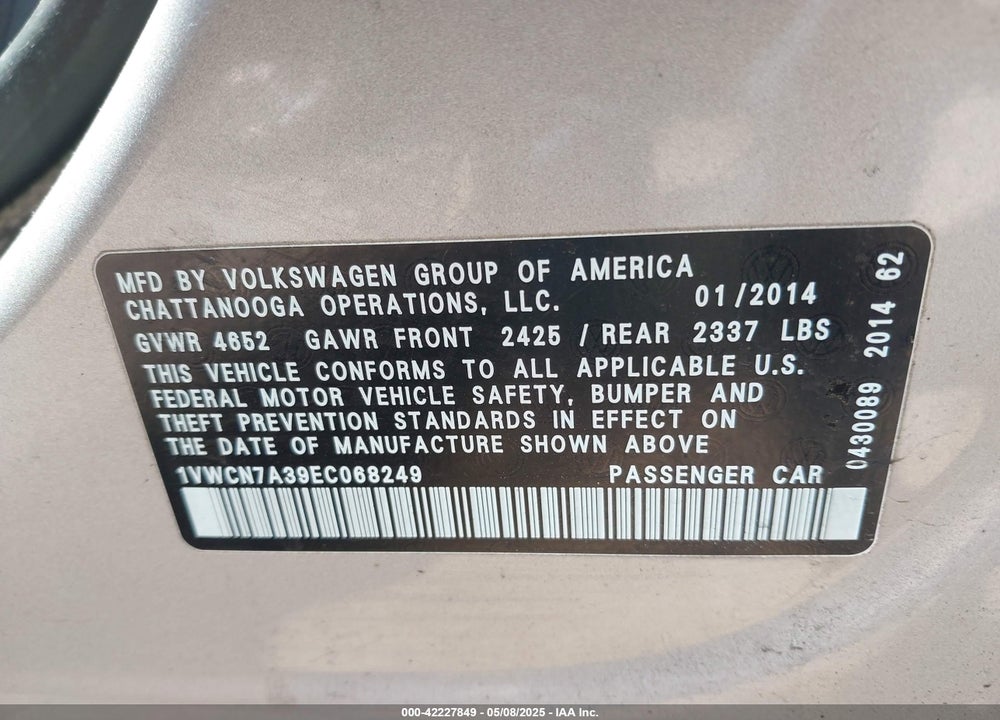 2014 VOLKSWAGEN PASSAT 2.0L TDI SEL PREMIUM VIN: 1VWCN7A39EC068249