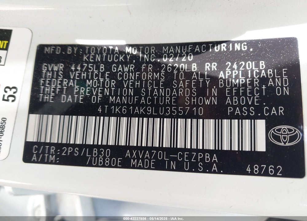 2020 TOYOTA CAMRY XSE VIN: 4T1K61AK9LU355710