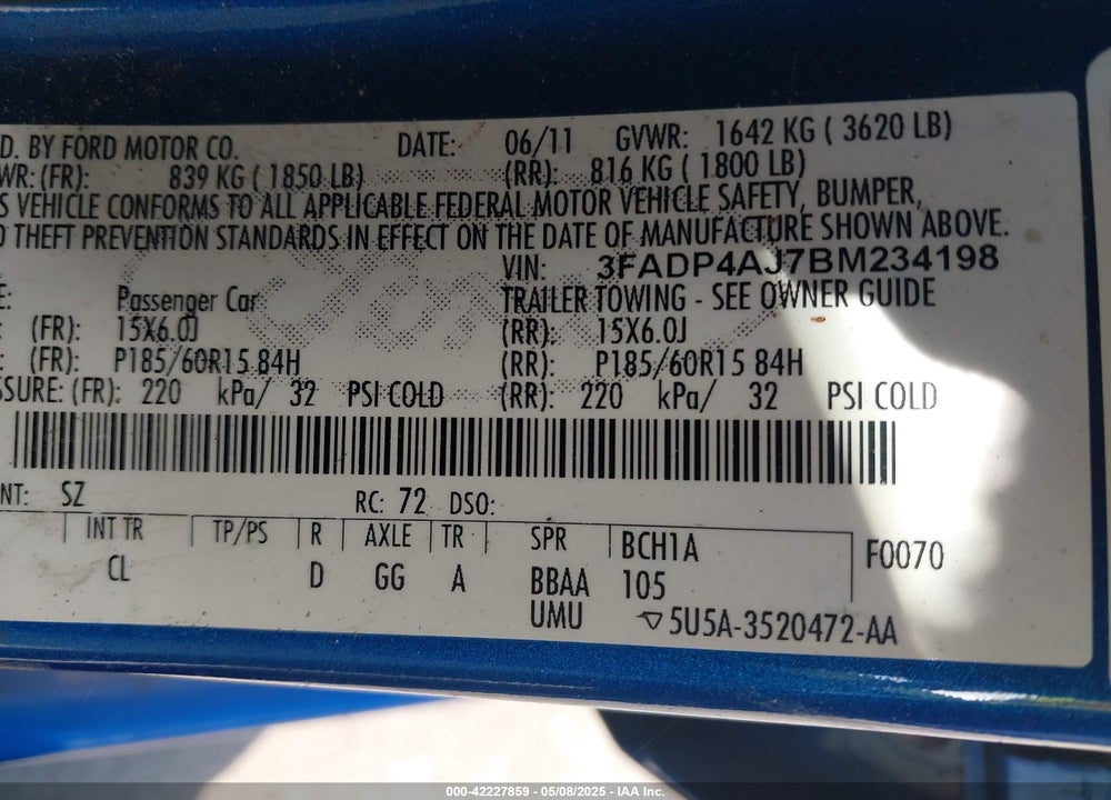 2011 FORD FIESTA VIN: 3FADP4AJ7BM234198
