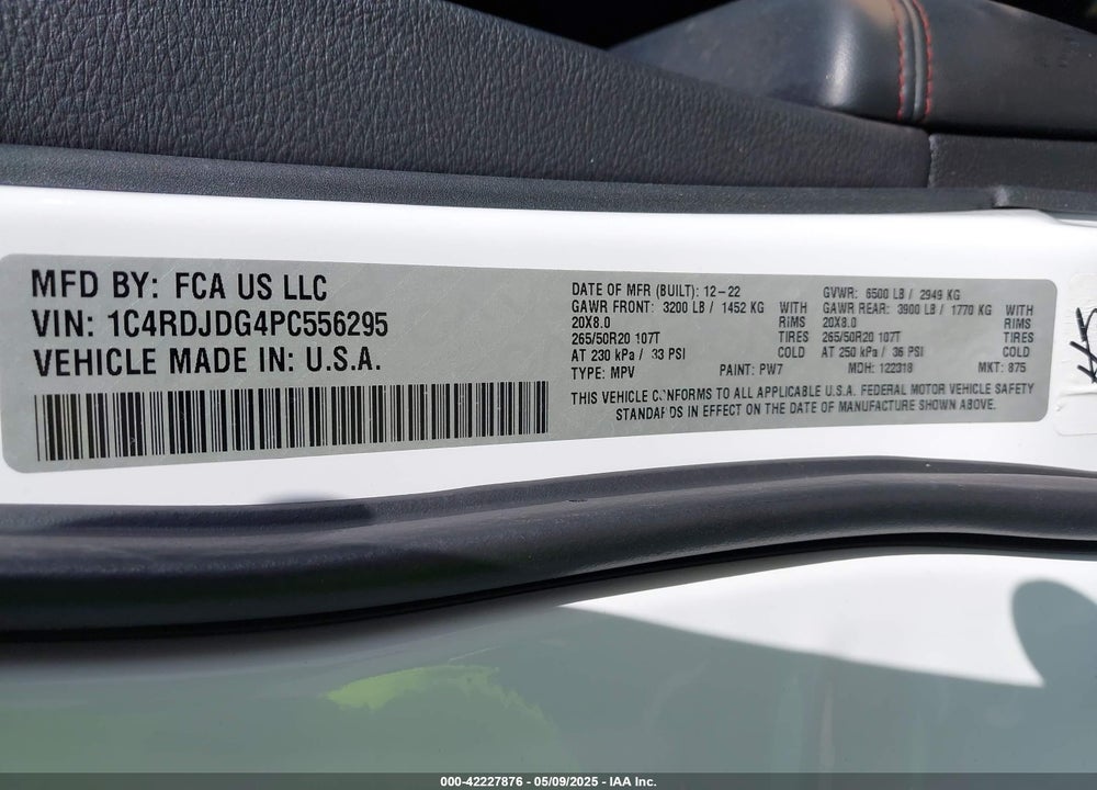 2023 DODGE DURANGO VIN: 1C4RDJDG4PC556295