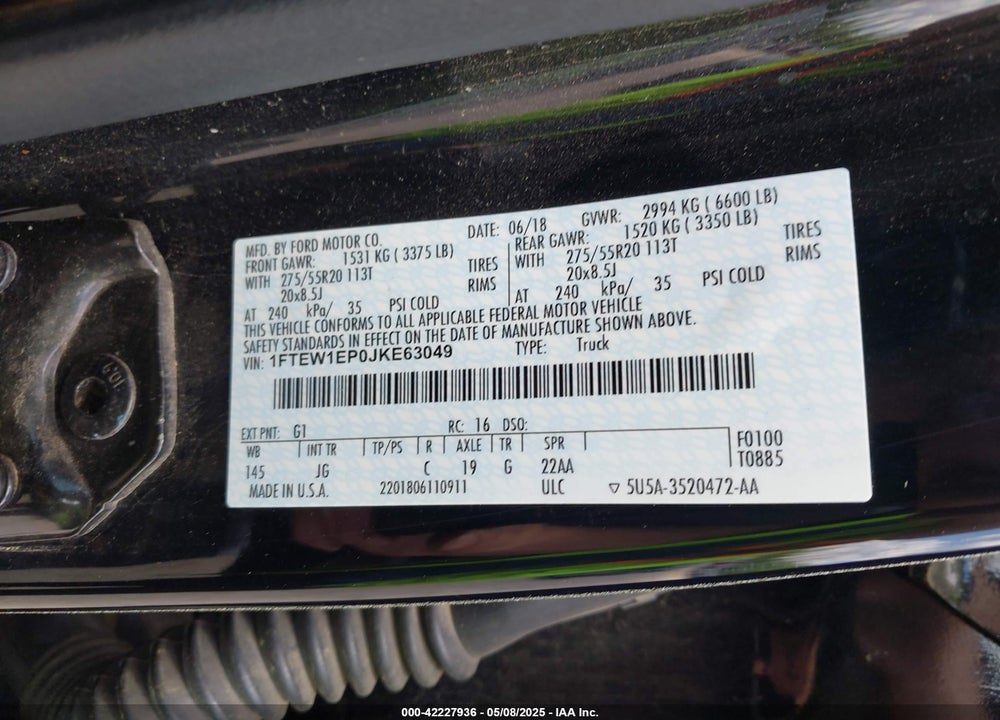 2018 FORD F-150 VIN: 1FTEW1EP0JKE63049