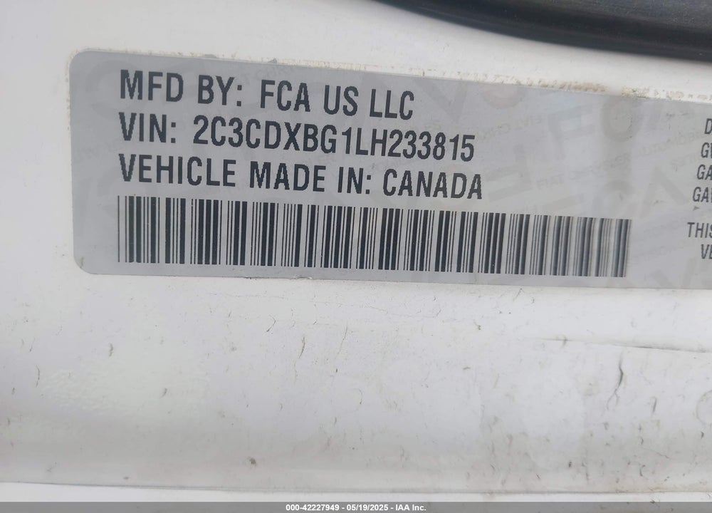 2020 DODGE CHARGER VIN: 2C3CDXBG1LH233815