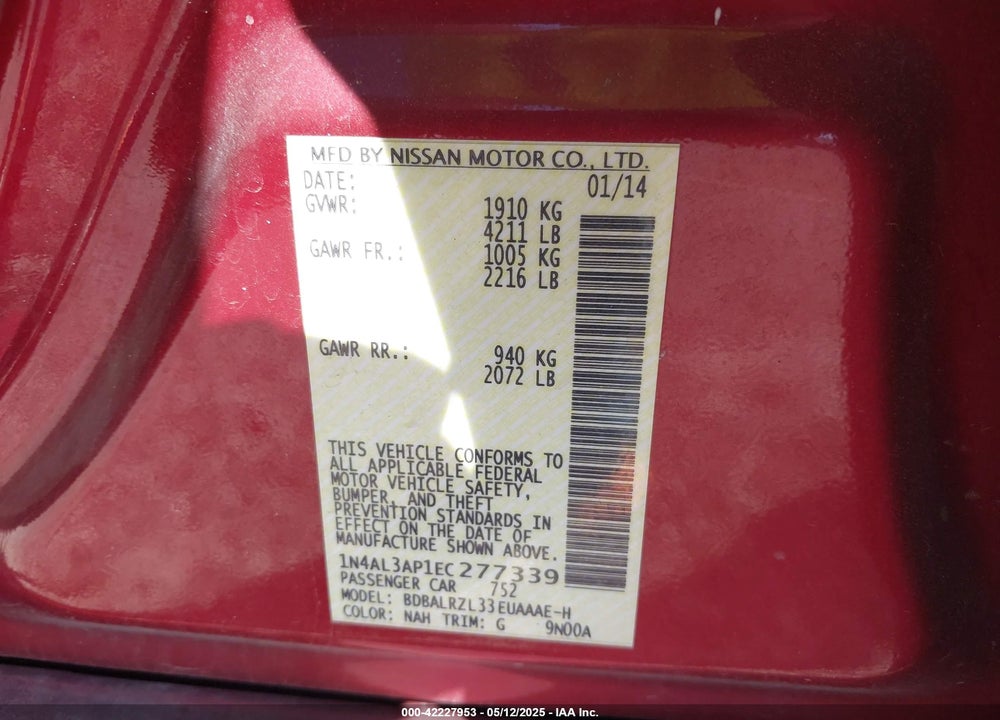 2014 NISSAN ALTIMA 2.5 S VIN: 1N4AL3AP1EC277339