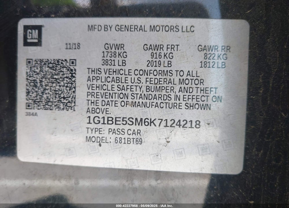 2019 CHEVROLET CRUZE VIN: 1G1BE5SM6K7124218