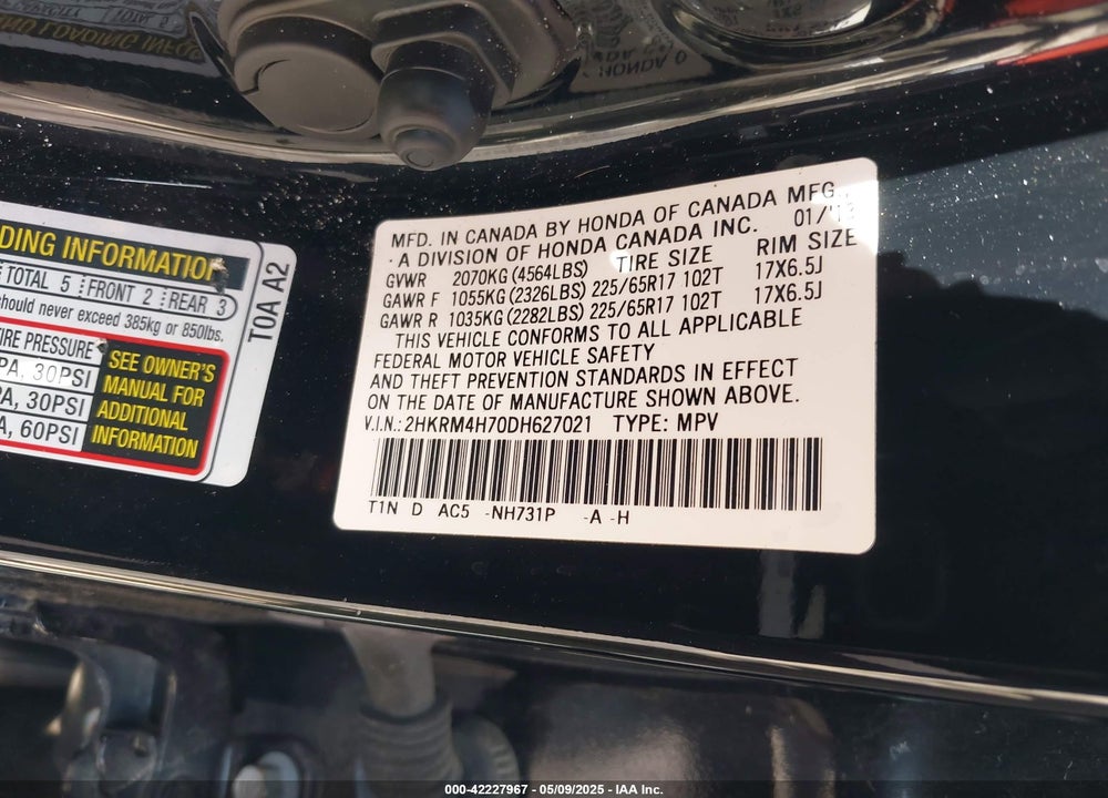2013 HONDA CR-V VIN: 2HKRM4H70DH627021