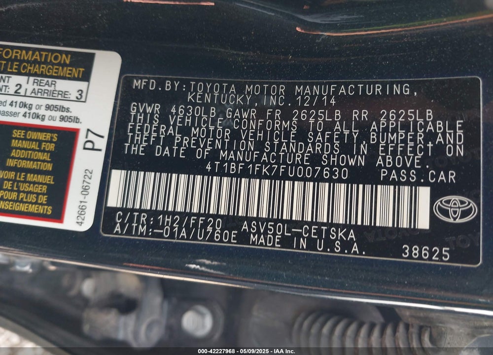 2015 TOYOTA CAMRY SE VIN: 4T1BF1FK7FU007630