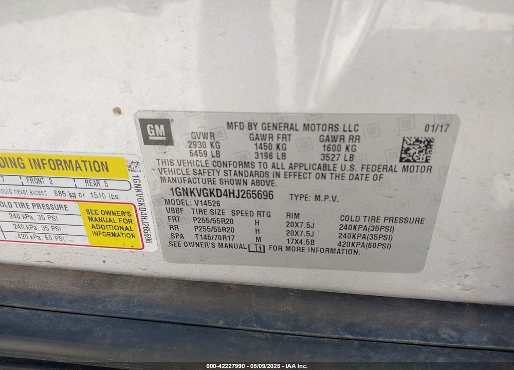 2017 CHEVROLET TRAVERSE 1LT VIN: 1GNKVGKD4HJ265696