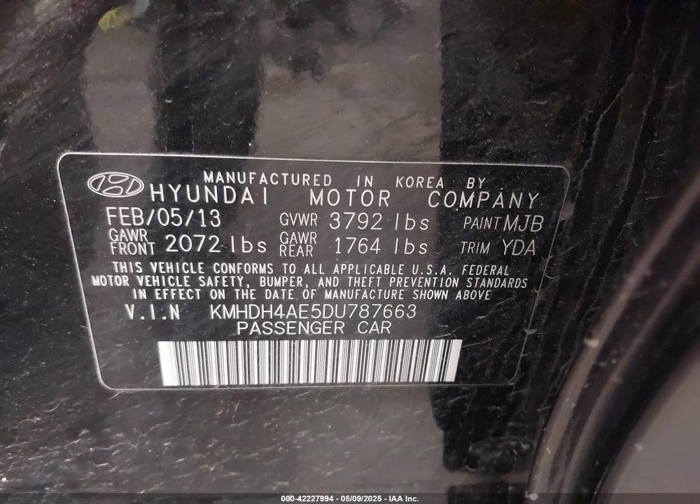 2013 HYUNDAI ELANTRA VIN: KMHDH4AE5DU787663