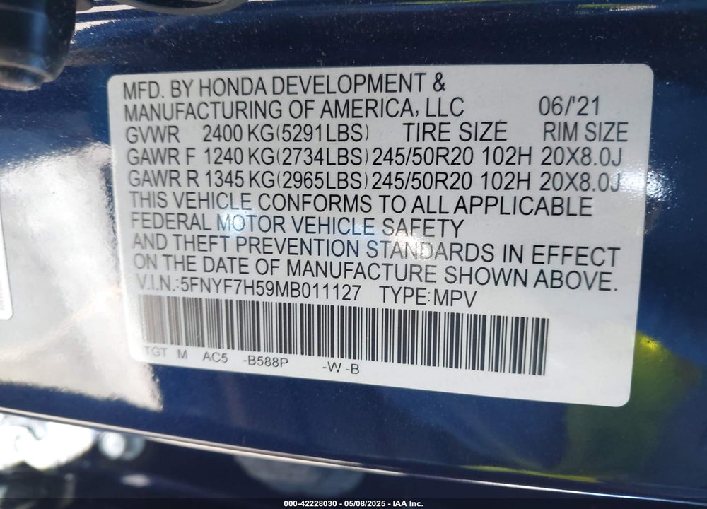 2021 HONDA PASSPORT VIN: 5FNYF7H59MB011127
