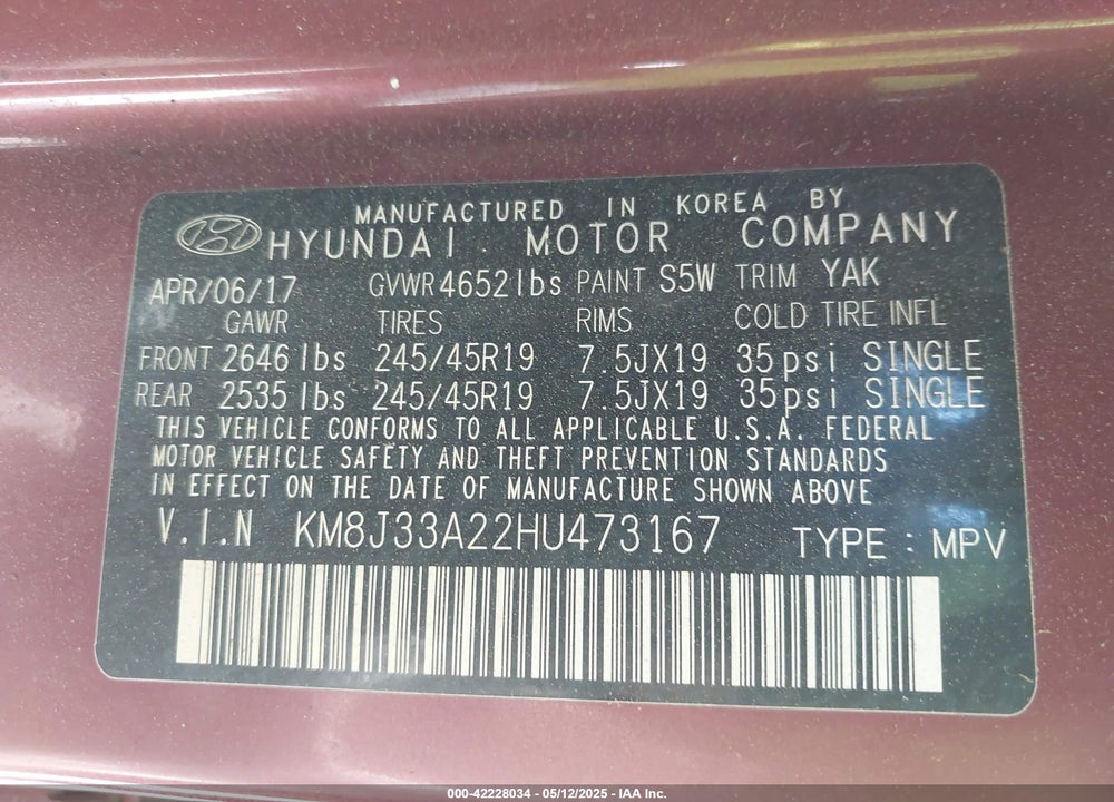 2017 HYUNDAI TUCSON VIN: KM8J33A22HU473167