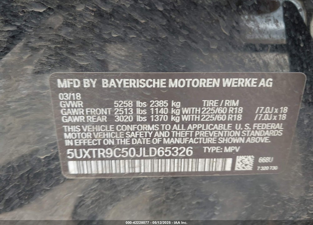 2018 BMW X3 VIN: 5UXTR9C50JLD65326