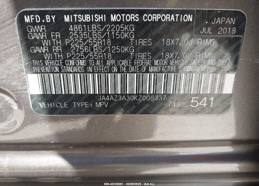 2019 MITSUBISHI OUTLANDER SEL VIN: JA4AZ3A30KZ008337
